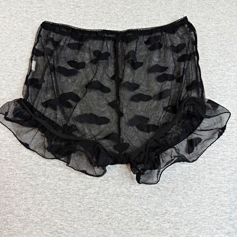 Vintage Style Black Frill Tap Shorts Mesh See Through Heart Print Sleepwear M